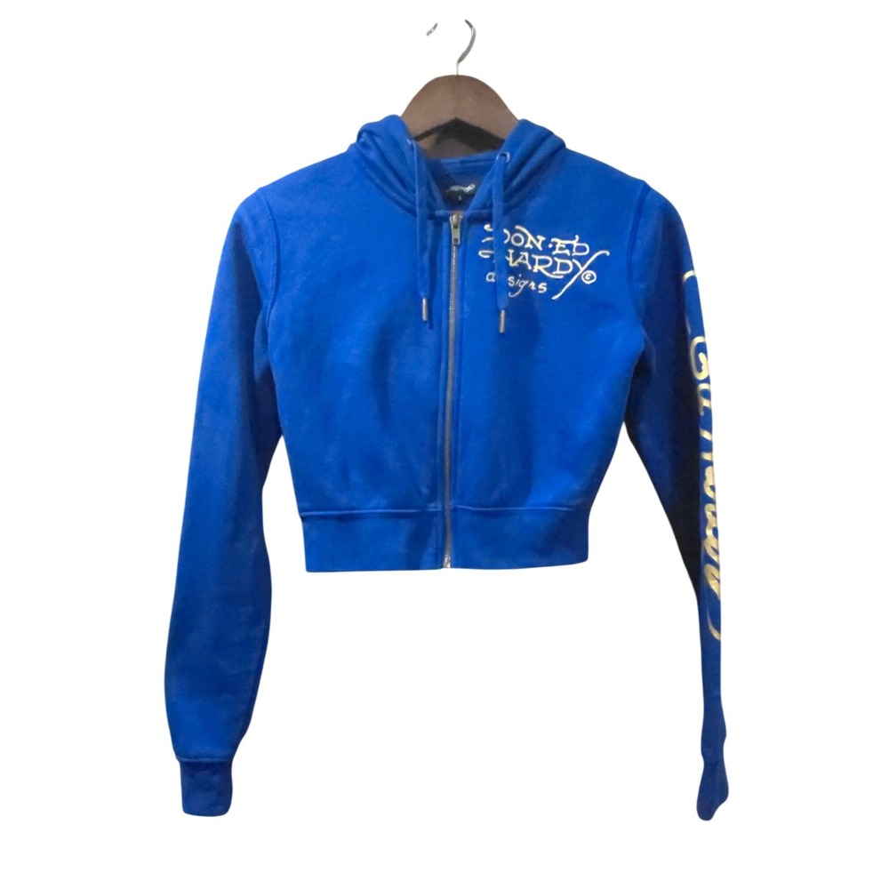 Ed Hardy Blue Tiger Graphic Cropped Zip Up Hoodie Y2K Small - Picture 1 of 7